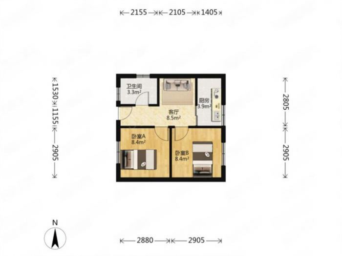 涌鑫八达通广场 2室1厅1卫 51.37m&sup2;