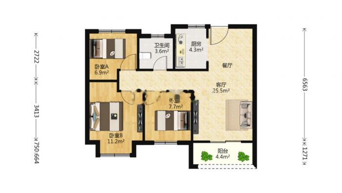金科廊桥水岸 3室2厅1卫 90m&sup2;