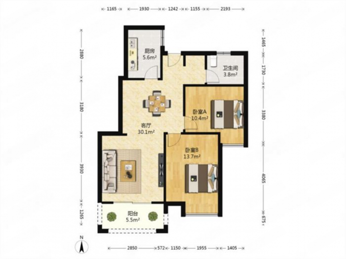 尚海城 2室2厅1卫 89m&sup2;