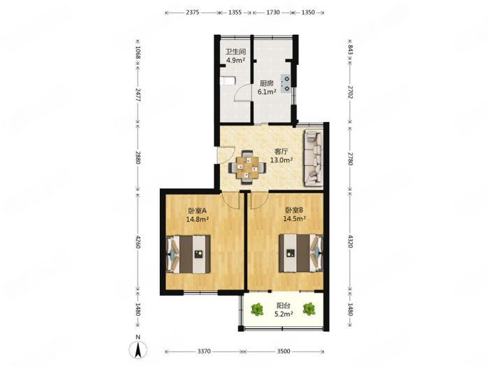 尚德城邦 2室2厅1卫 89.00m&sup2;