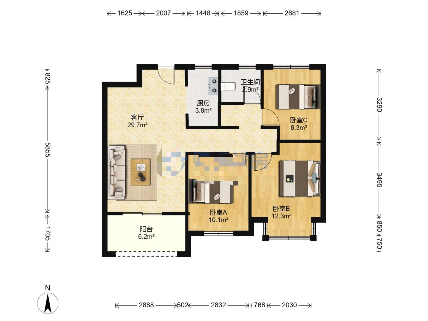 林肯公园 3室2厅1卫 95m&sup2;
