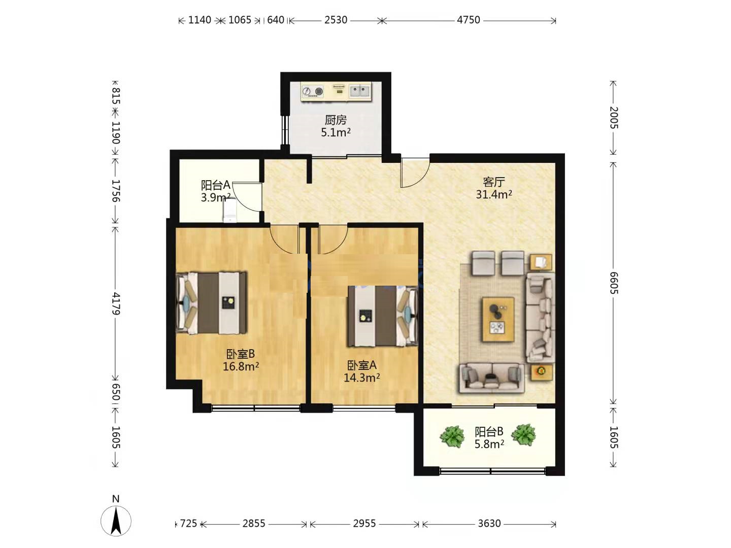 江山鼎 2室2厅1卫 90.00m&sup2;