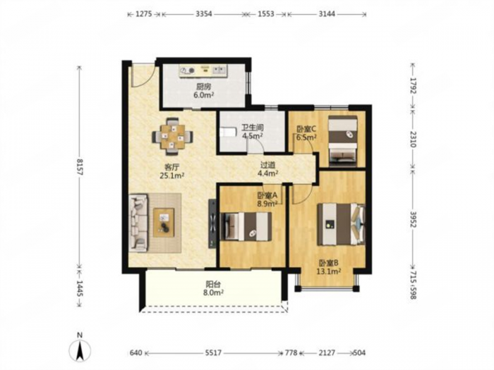 恒大御澜庭 3室2厅1卫 98m&sup2;
