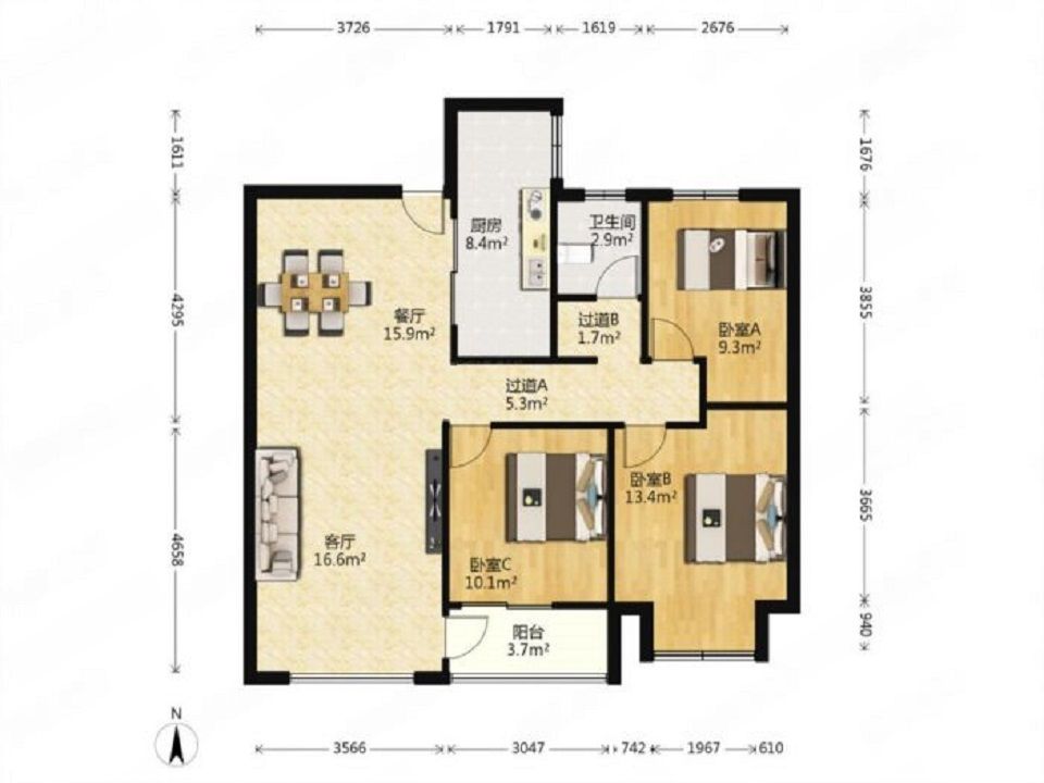 万达华府 3室2厅1卫 106m&sup2;