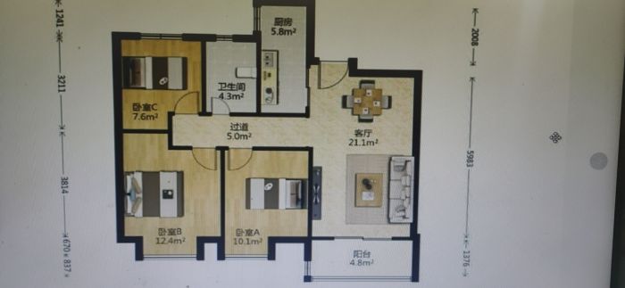 永兴佳园二期 3室2厅1卫 92m&sup2;