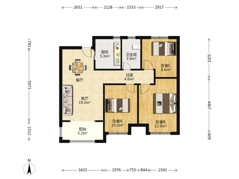 新城香溢紫郡 3室2厅1卫 89m&sup2;