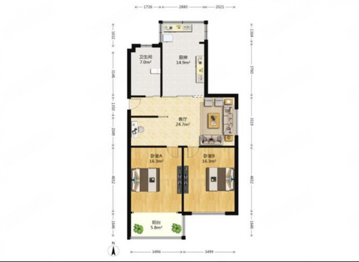 公园佳苑北区 2室2厅1卫 91.6m&sup2;