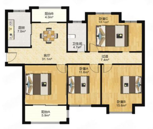华润悦锦湾 4室1厅1卫 96.00m&sup2;