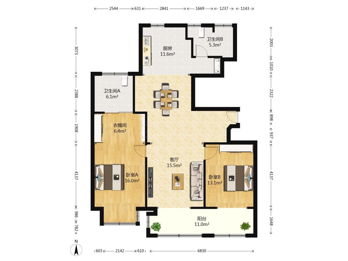 紫东南苑南区 2室2厅2卫 132.00m&sup2;