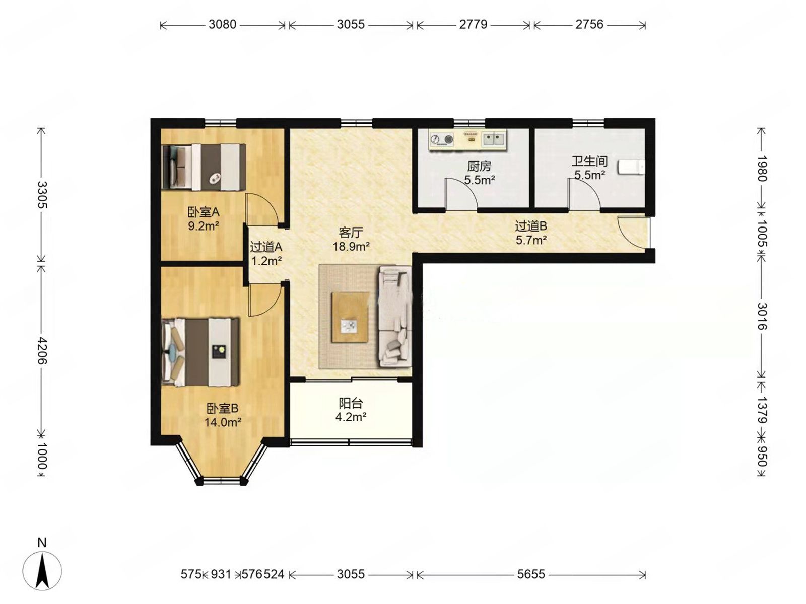 华能苑 2室1厅1卫 96m&sup2;