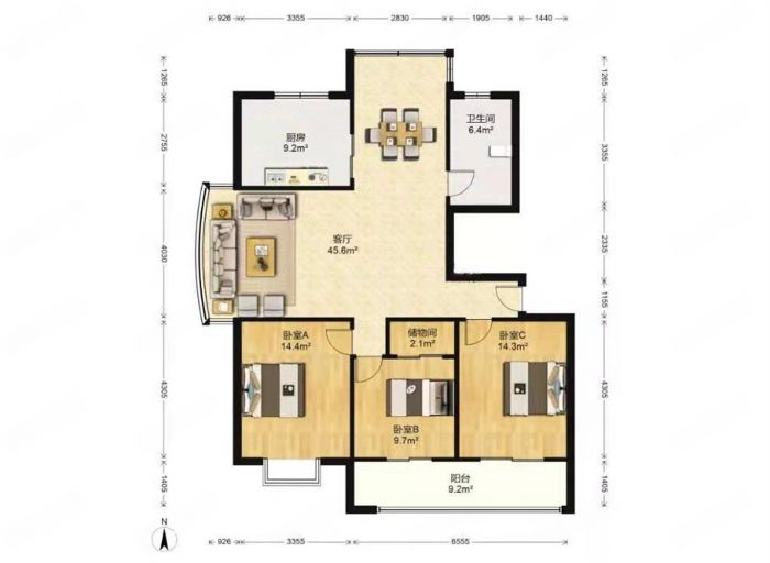中天福邸 3室2厅1卫 136m&sup2;