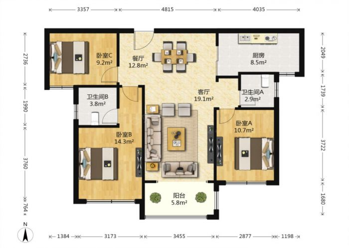 南通雅居乐花园 3室2厅2卫 119m&sup2;
