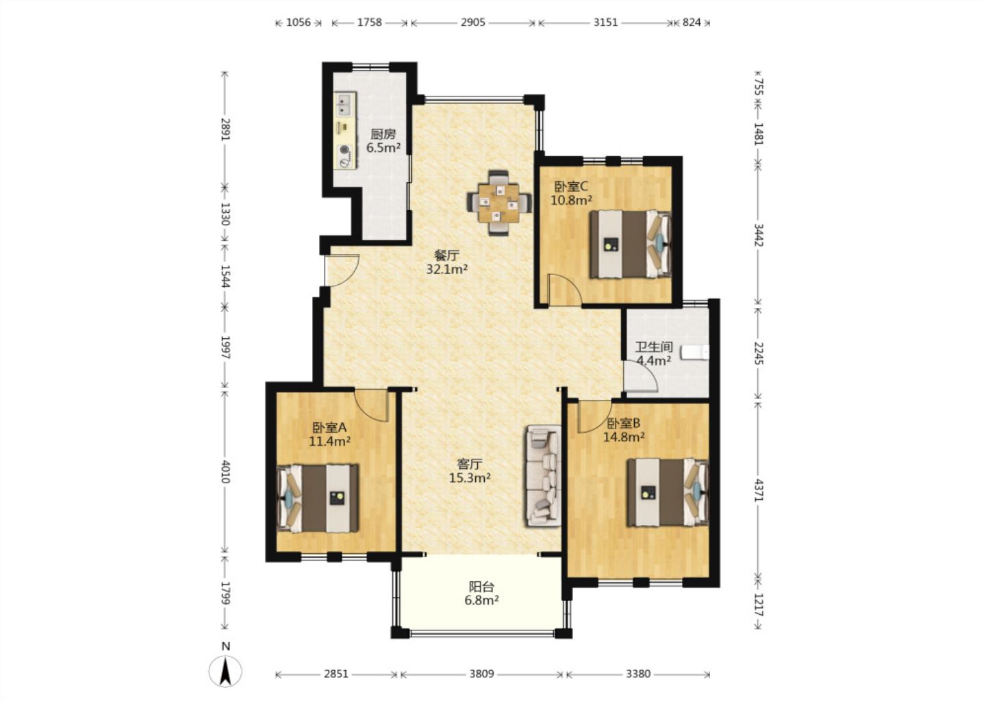 中港城世家 3室2厅1卫 121m&sup2;