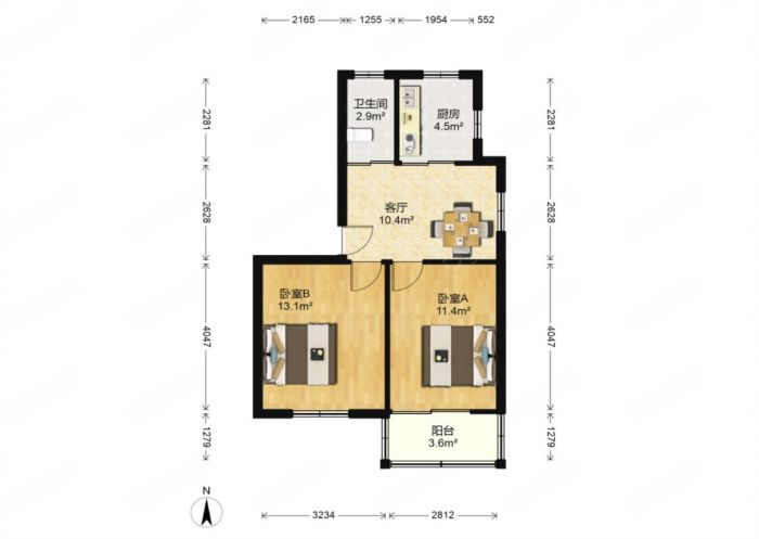 姚港路33号 2室1厅1卫 56m&sup2;