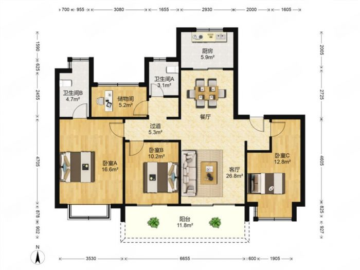 红星天铂 3室2厅2卫 128m&sup2;