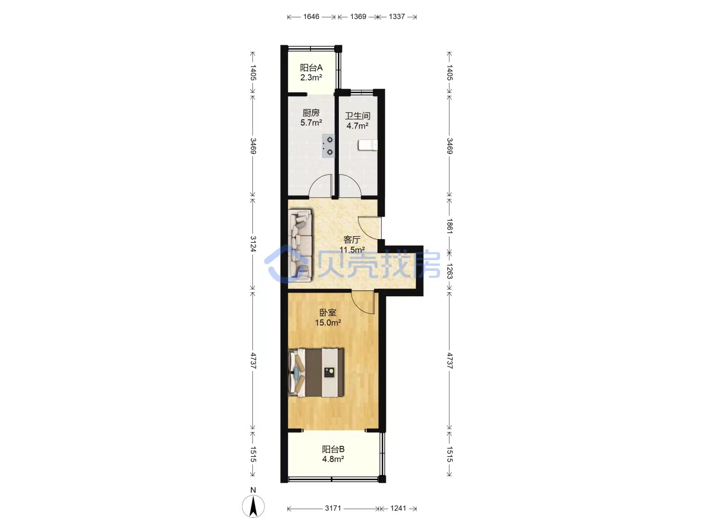 虹桥新苑 1室1厅1卫 56.89m&sup2;