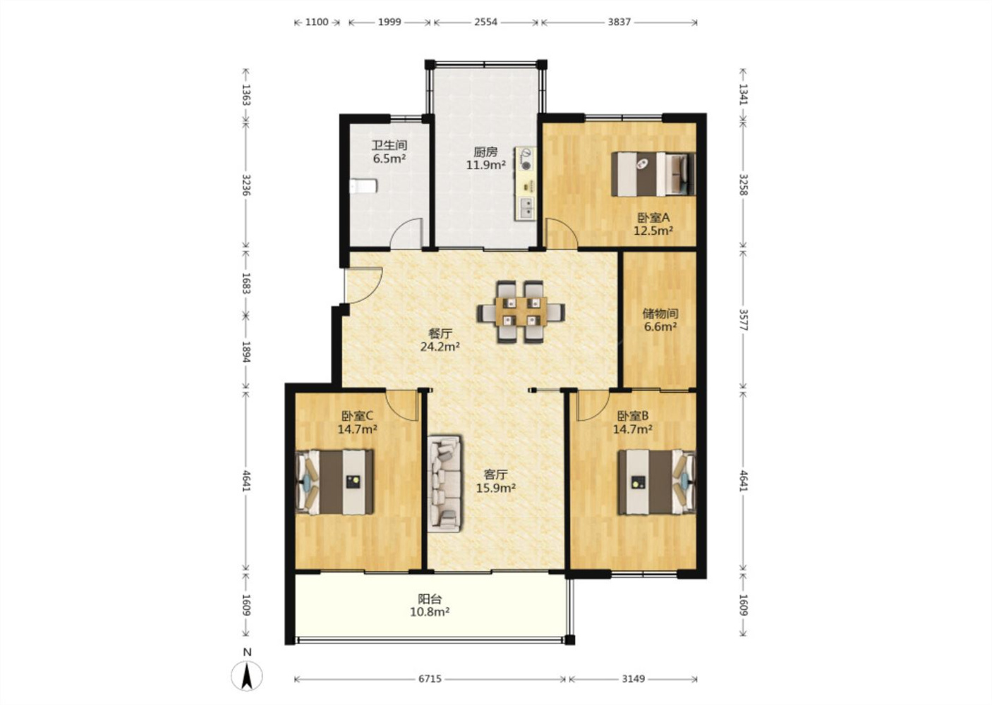 隆兴佳园 3室2厅1卫 136.09m&sup2;