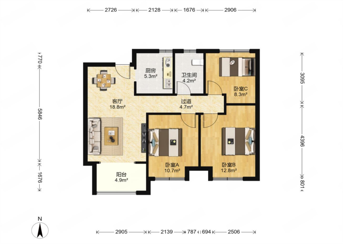 新城香溢紫郡 3室1厅1卫 89m&sup2;