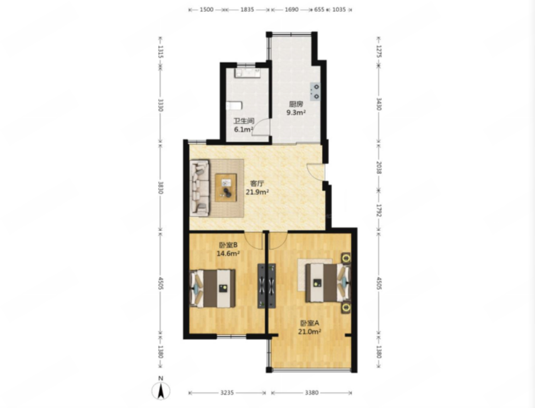 新开苑南区 2室2厅1卫 71.5m&sup2;