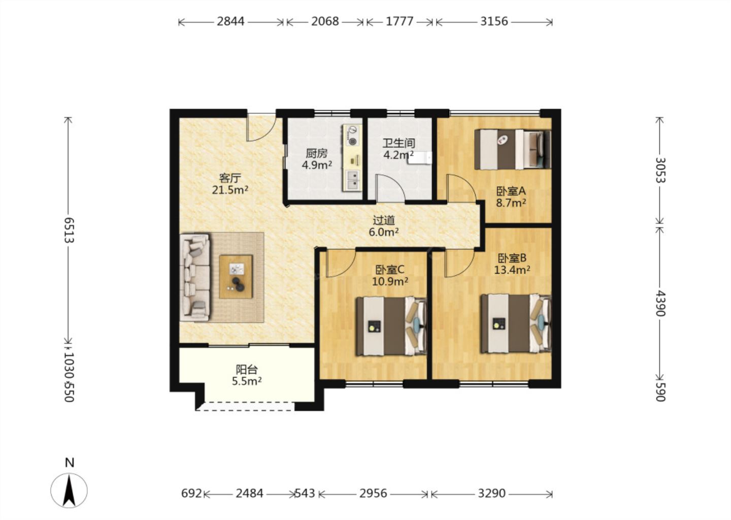 云樾东方 3室2厅1卫 95m&sup2;