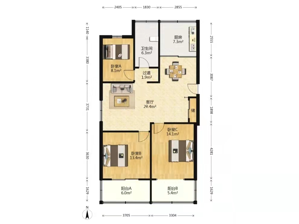 天馨花苑 3室2厅1卫 107m&sup2;