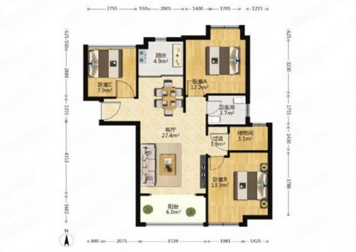 南山国际社区 3室2厅1卫 103m&sup2;