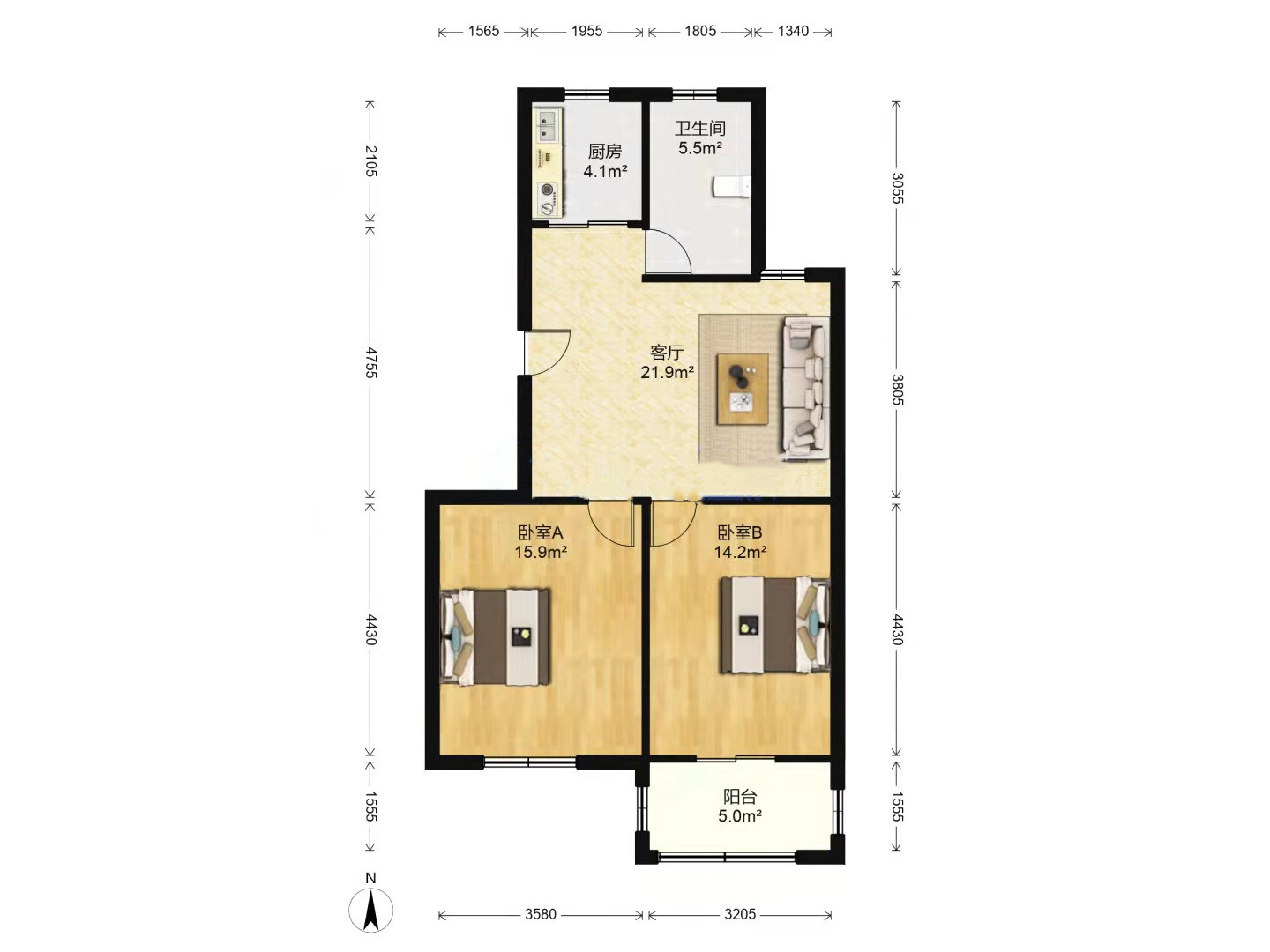 五山家园 2室2厅1卫 70.00m&sup2;