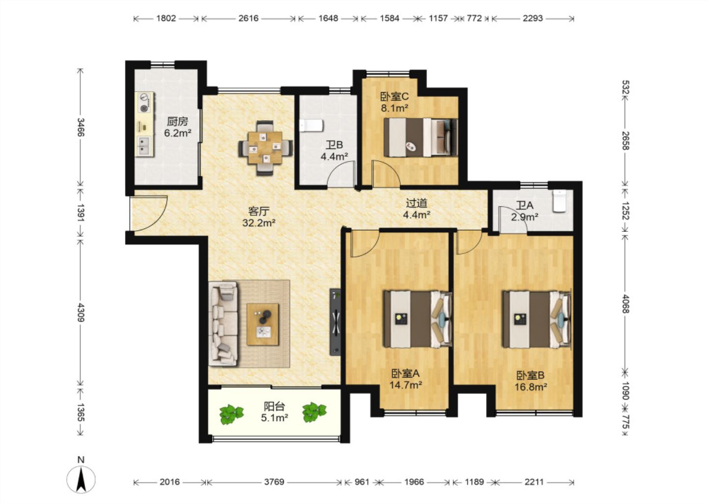 万达华府 3室2厅2卫 120.00m&sup2;