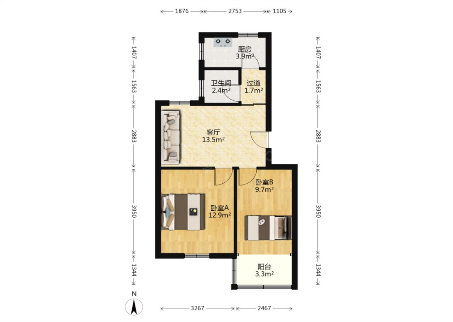 光明东村二期 2室1厅1卫 62.33m&sup2;