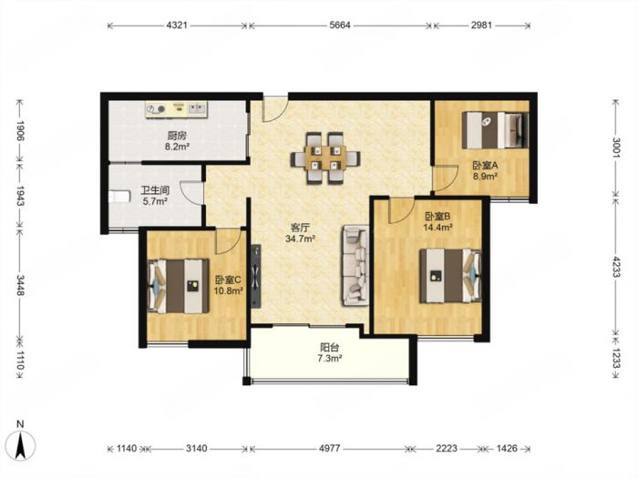 光明幸福天地 3室2厅1卫 115m&sup2;