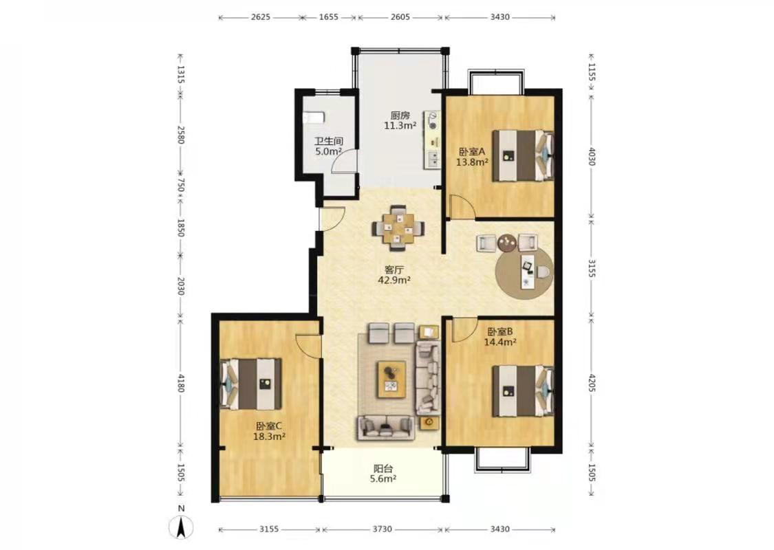 天山花苑西区 3室2厅1卫 132.00m&sup2;