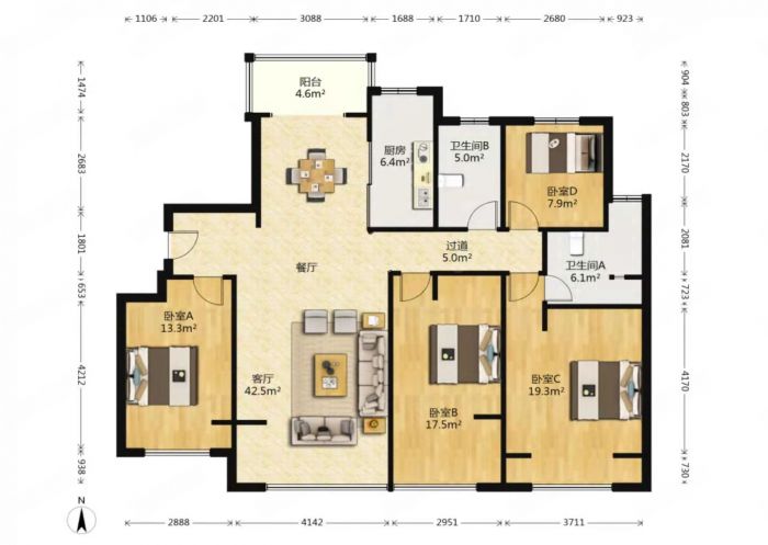 中海上东区 4室2厅2卫 143m&sup2;