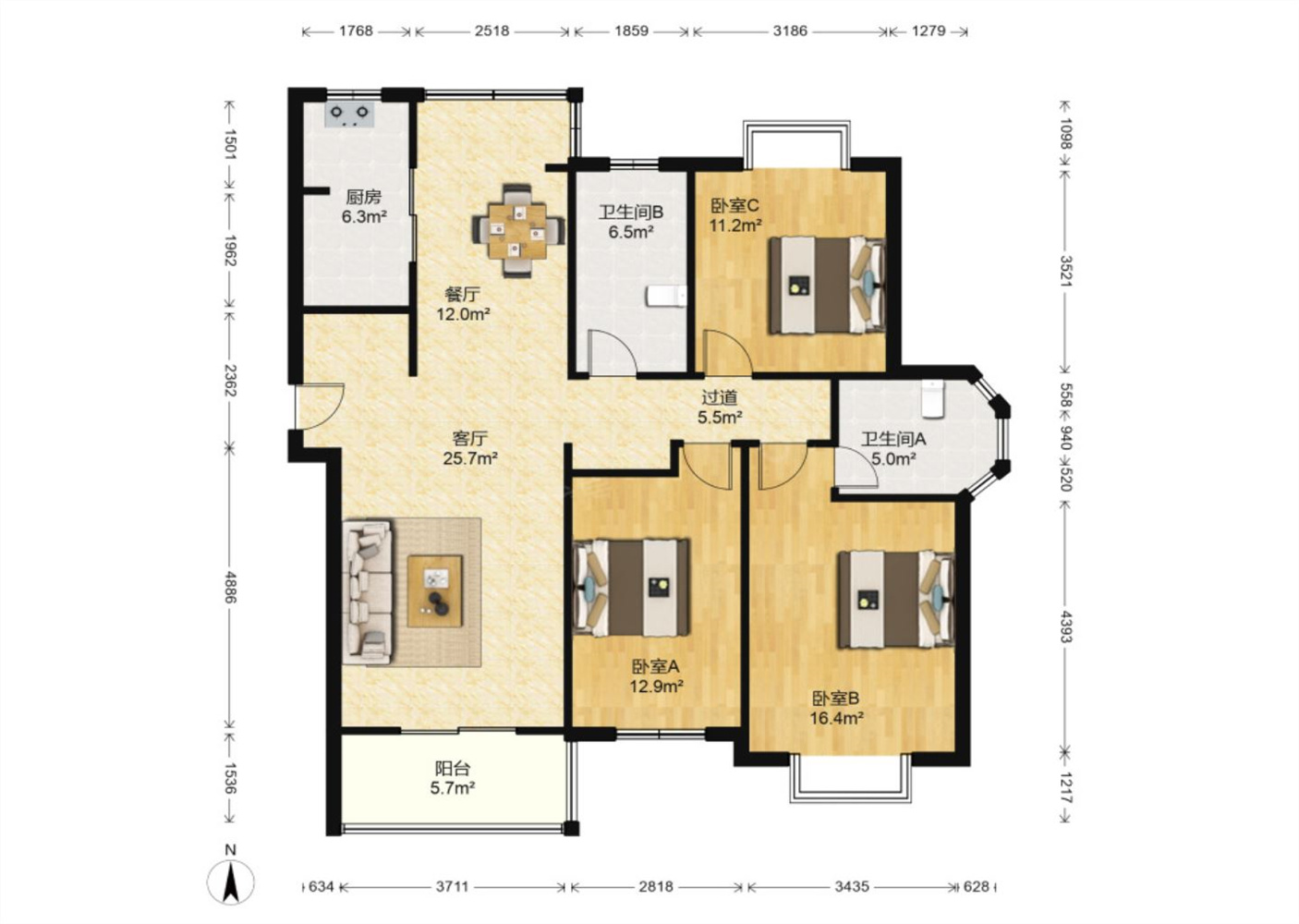 长航地中海花园 3室2厅2卫 135.60m&sup2;