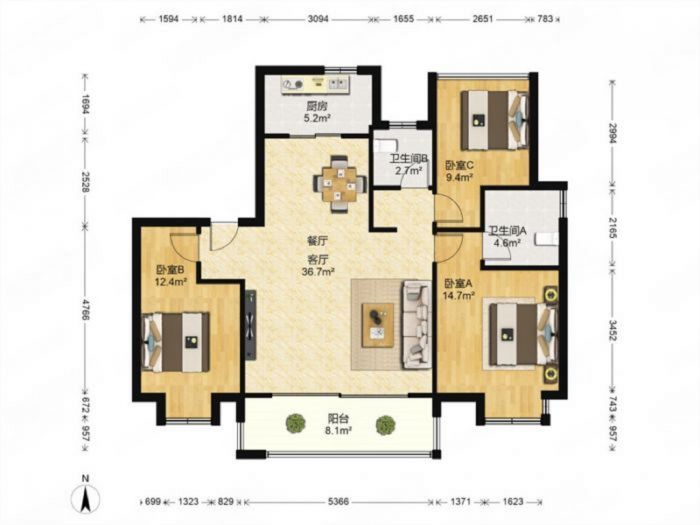 雍华府 3室2厅2卫 118m&sup2;