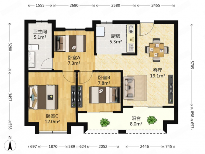 世茂新界 3室2厅1卫 92m&sup2;
