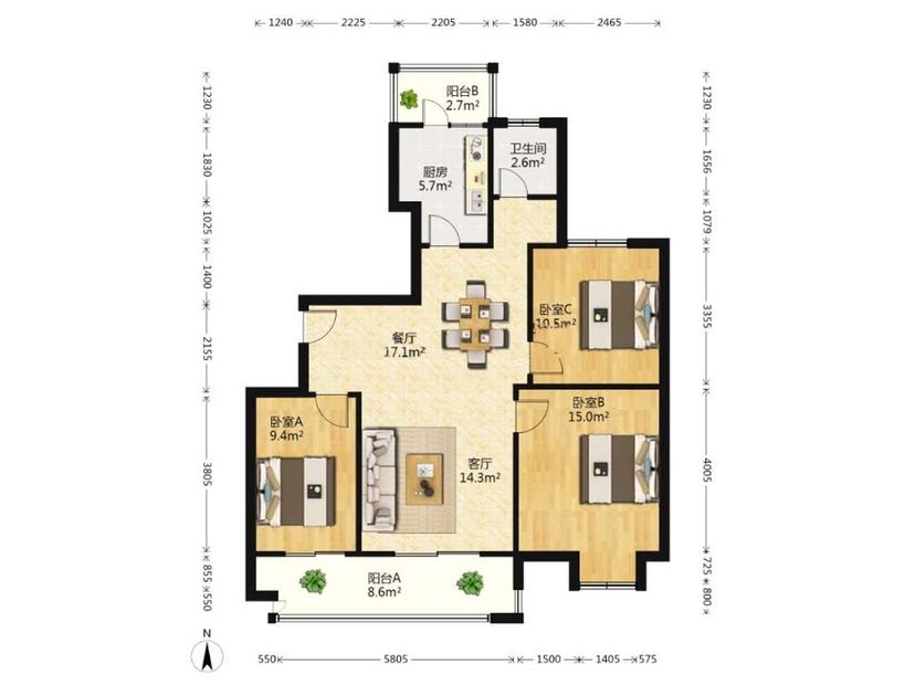 同和嘉苑南区 3室2厅1卫 114m&sup2;
