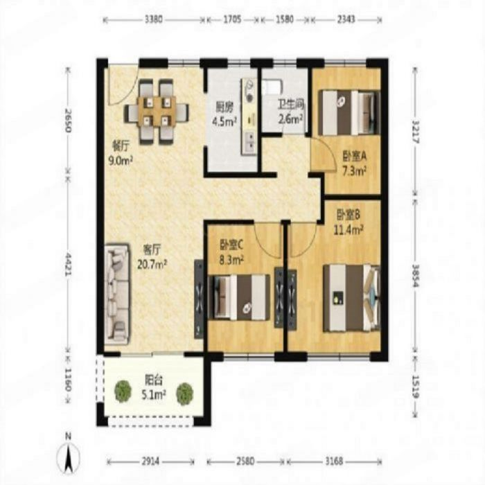 南通雅居乐花园 3室2厅1卫 99m&sup2;