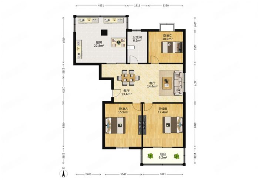 公园二村 3室2厅1卫 126.00m&sup2;