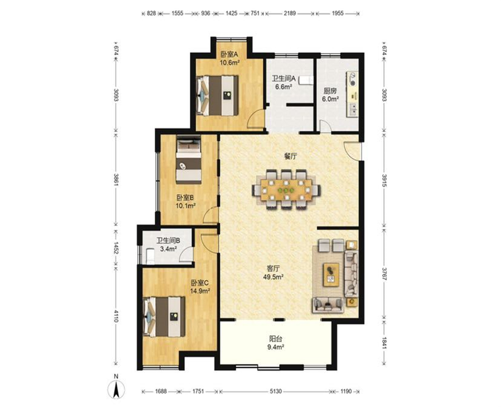 盛和花半里 3室2厅2卫 142.4m&sup2;