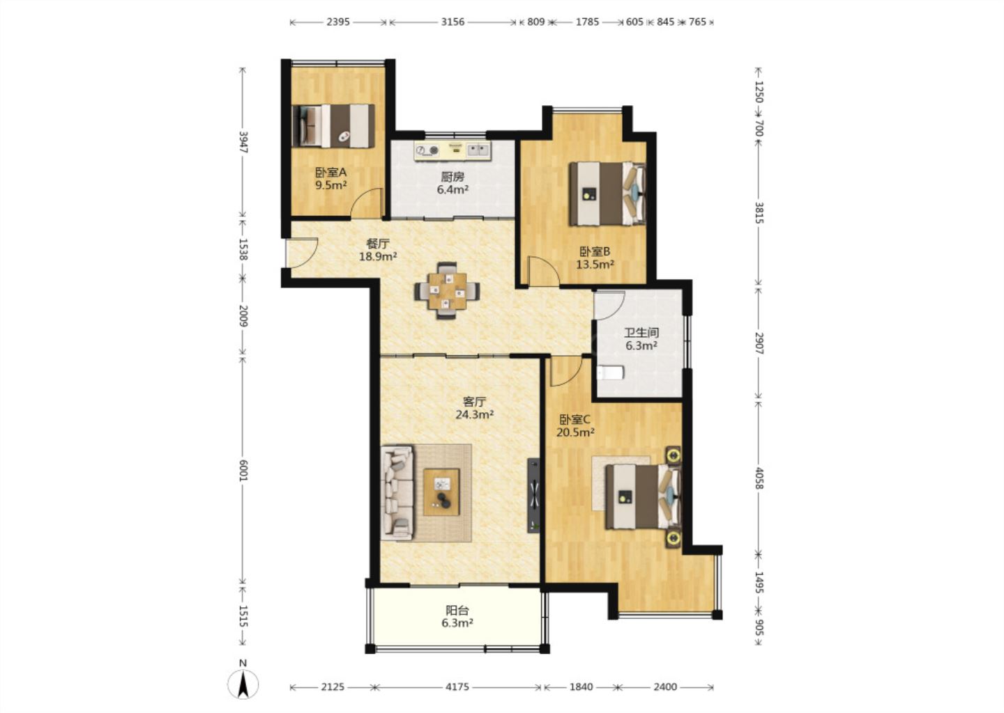 锡通花苑 3室1厅1卫 128m&sup2;