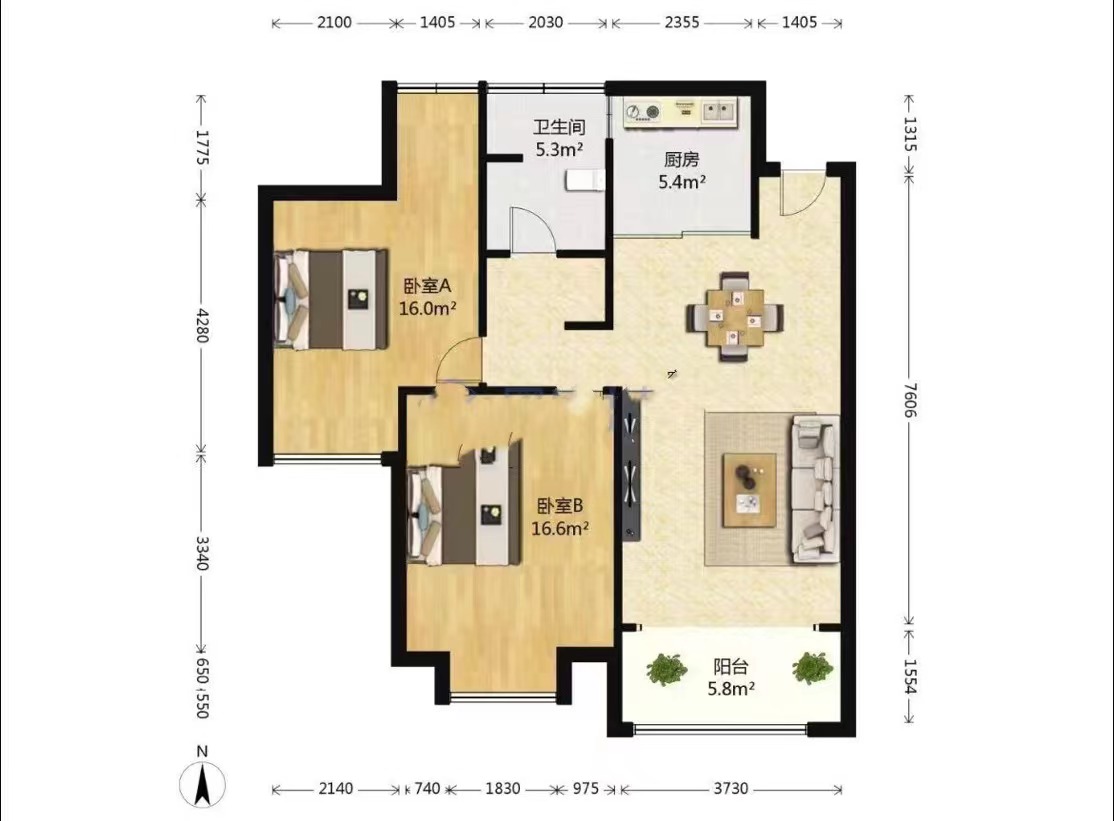 中南世纪花城二期 2室1厅1卫 88.23m&sup2;