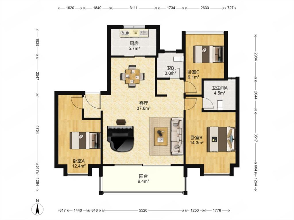 雍华府 3室2厅1卫 118m&sup2;