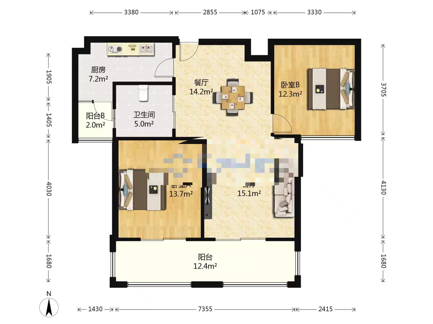 吴中豪景华庭 2室2厅1卫 100.56m&sup2;