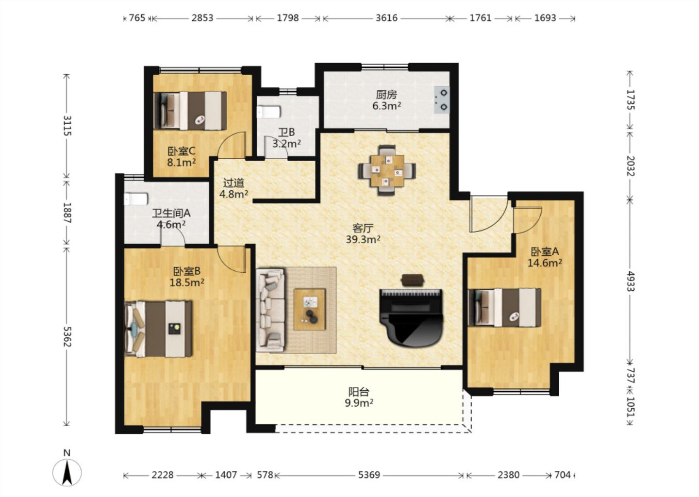 万科翡翠东第 3室2厅2卫 130.18m&sup2;