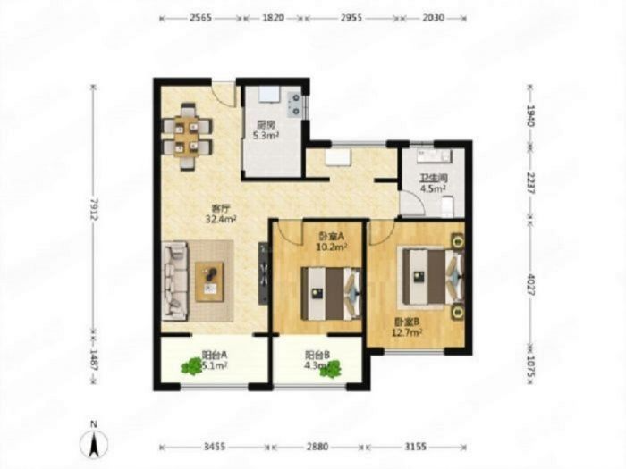 万濠星城 2室2厅1卫 90m&sup2;