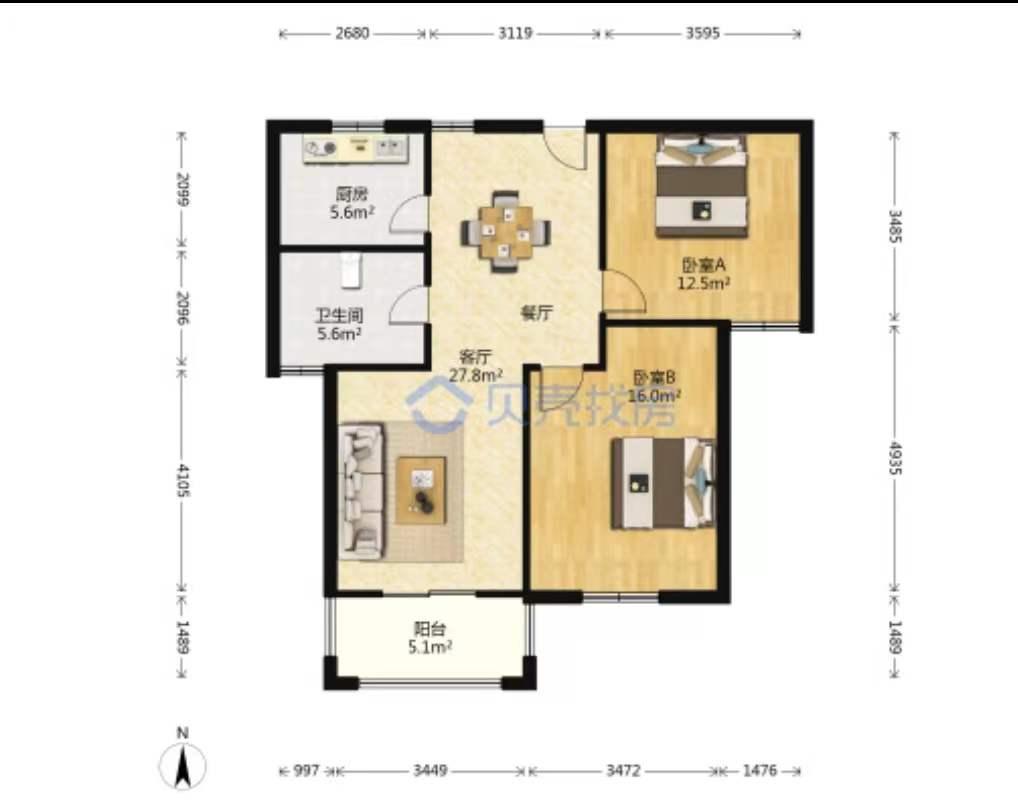 龙田花苑一期 2室2厅1卫 94m&sup2;