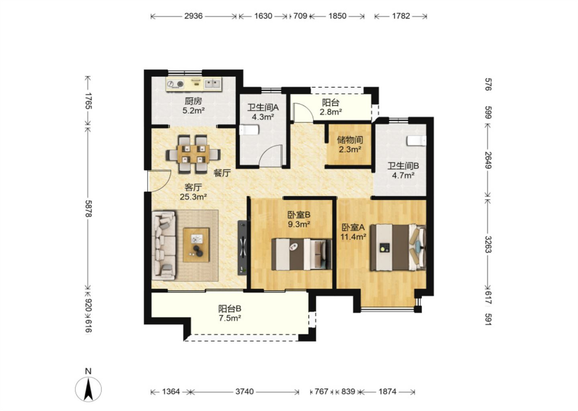 绿地新里城 3室2厅1卫 91m&sup2;
