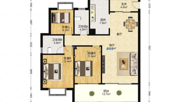 华强城 3室2厅2卫 128m&sup2;