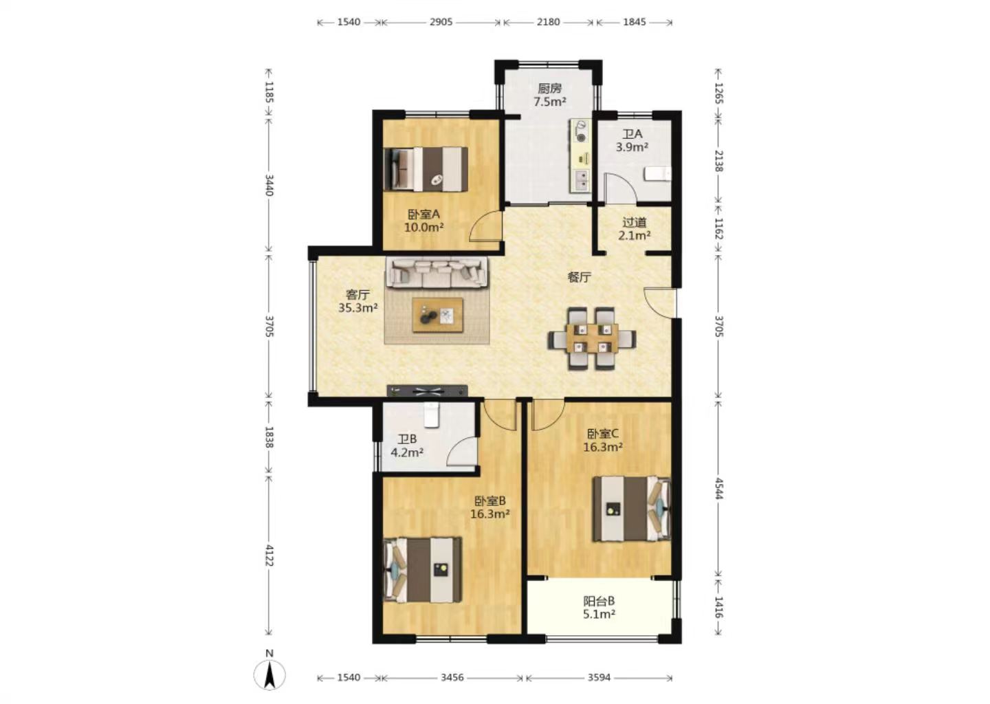 龙田花苑一期 3室2厅1卫 133.74m&sup2;