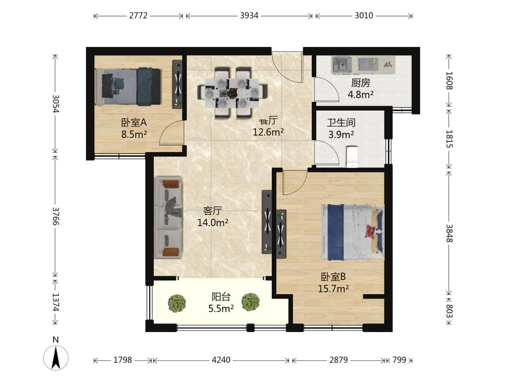 南通橡树湾 2室2厅1卫 88.00m&sup2;